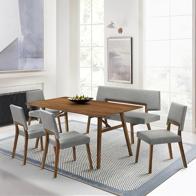 Armen Living Channell Mid Century Modern 6 Piece Walnut Wood Dining Table Set with Bench in Charcoal Fabric