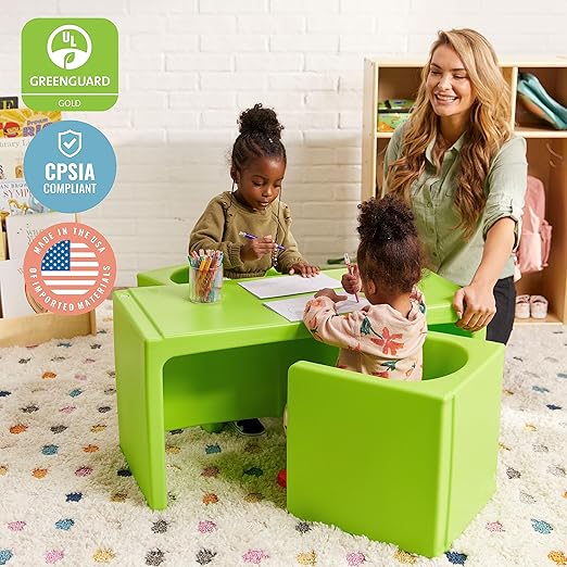 ECR4Kids Tri-Me Table and Cube Chair Set, Multipurpose Furniture, Lime Green, 3-Piece