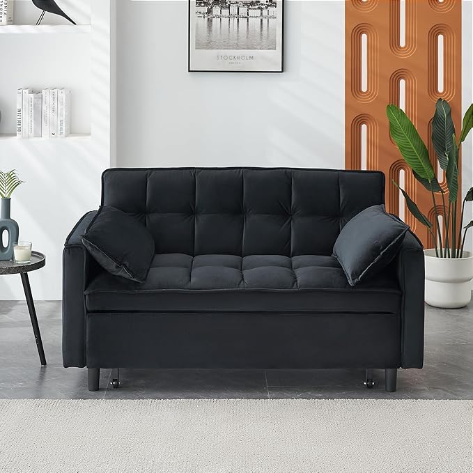 Ball & Cast 55" Convertible Sleeper Sofa Bed,Convertible Pull Out Couch with 2 Pillows,Adjustable Backrest & Side Pocket,Loveseat Futon Sofa Bed for Living Room,Apartment,Velvet Fabric,Black