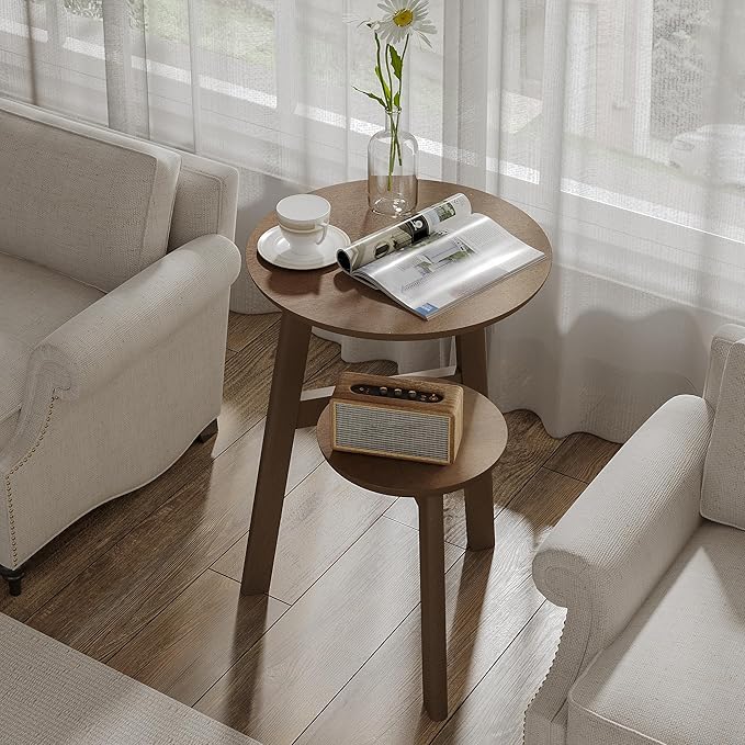 ChooChoo Round End Table for Small Spaces, Narrow Side Table, Accent Table Night Stand with 2 Tier Shelf for Bedroom and Living Room, Walnut
