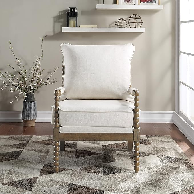 OSP Home Furnishings Fletcher Spindle Accent Chair with Rustic Brown Finish, Linen Upholstery