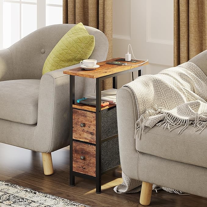 End Table Set 2 with Charging Station, Narrow Side Table with 2 Fabric Drawers, Skinny Nightstand with LED Light, Slim Bedside Table for Bedroom, Living Room, Small Spaces, Rustic Brown