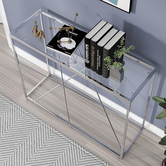OIOG Glass Console Table for Entryway, Modern Sofa Table with Temperes Glass Tabletop and Chrome Frame, Silver Entryway Table for Living Room, Hallway, Dining Room, Home Office