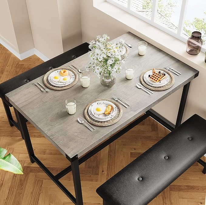 Dining Table Set for 4, Kitchen Table with 2 Upholstered Benches, 3-Piece Dining Room Set for Kitchen, Apartment and Small Spaces, Gray