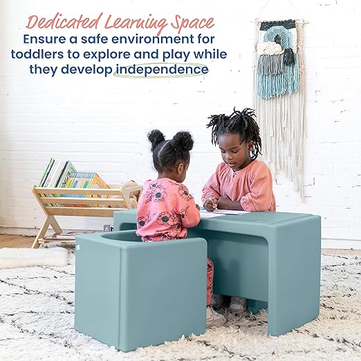ECR4Kids Tri-Me Table and Cube Chair Set, Multipurpose Furniture, Powder Blue, 3-Piece