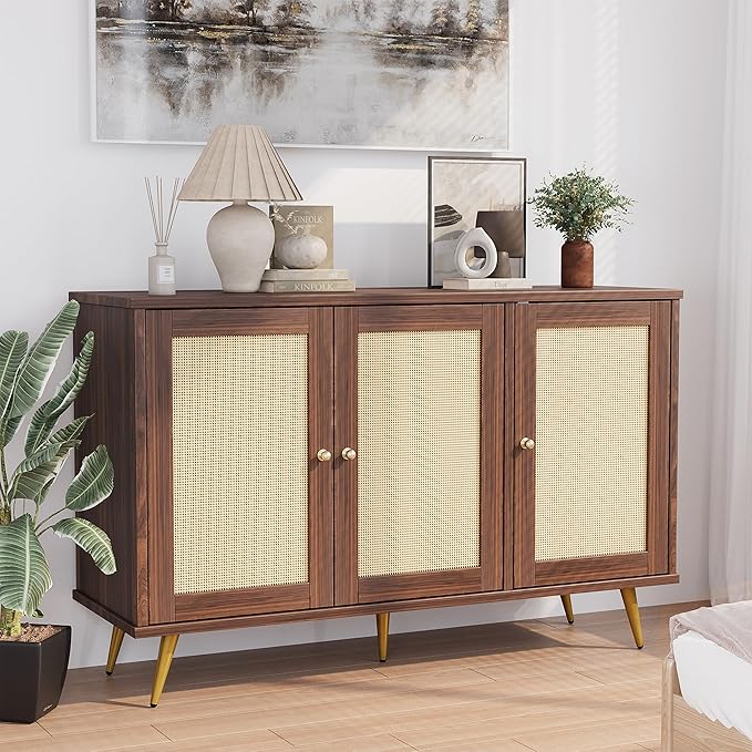 Shintenchi Large Rattan Storage Cabinet, Modern Sideboard Cabinet, Accent Large Storage Space Cabinet with Rattan Decorated Doors for Living Room, Dining Room, Brown