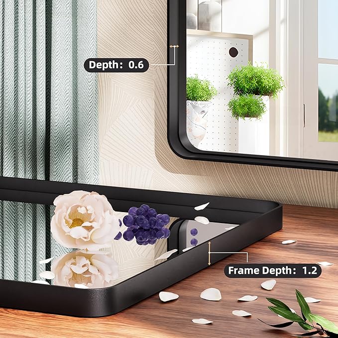 Hasipu Black Bathroom Mirror 59x39 Inch Rounded Rectangle Vanity Mirror Metal Framed Wall Mirrors Anti-Rust Surface Mount (Horizontal/Vertical)