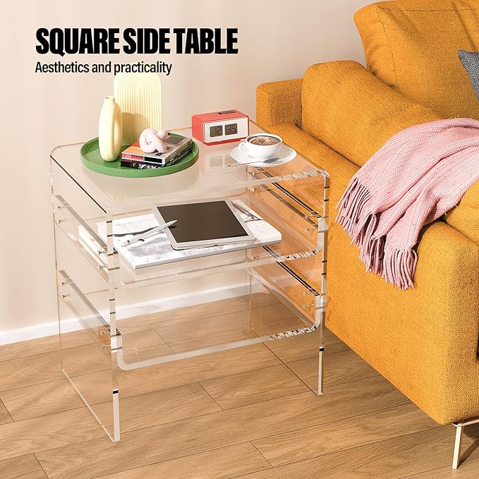 Acrylic 2-Tier Side Table with Storage Mini Modern End Table/Nightstand with Double Shelves for Bedroom, Living Room, and Bathroom Easy Assembly Clear