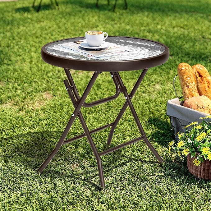 Foldable Side Table with Tempered Glass Top 18" Outdoor Folding Side Table Small Glass Patio Tables for Porch Yard Balcony Deck Lawn Dining Garden (Brown)