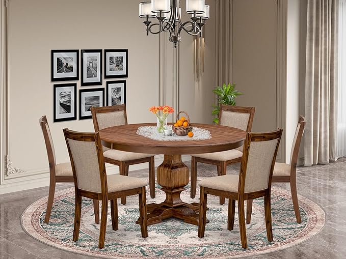 F3MZ7-50N-04 7-Pc Kitchen Table Set Includes a Pedestal Table and 6 Light Tan Polyester Dining Room Chairs with Padded Back - Antique Walnut