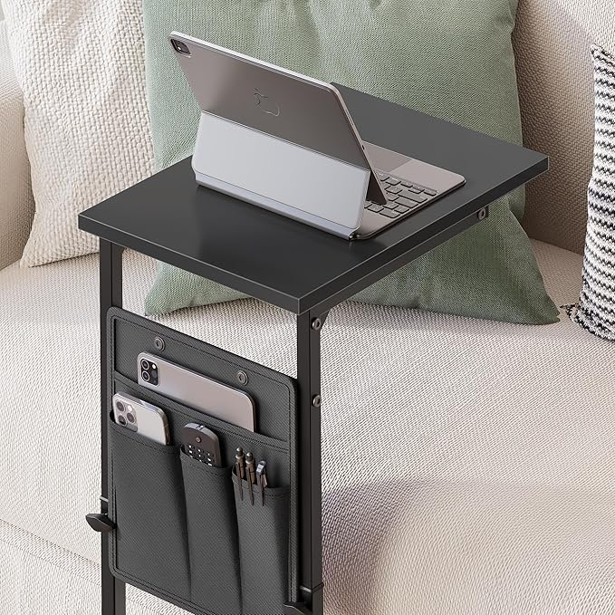 VAGUSICC C Shaped End Table, 33"Tall Side Table for Couch, Adjustable Height Sofa Table Small Couch Side Tables, Laptop Recliner Tables Slide Under Sofa TV Tray Arm Table for Living Room Bedroom,Black