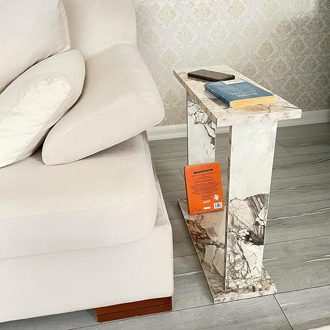 Very Narrow Side Table for Living Room, Small Apartment Space Between Chairs Skinny Table for Recliner, Couch, Armchair, Thin Slim End Table for Living Room, Bedroom, Beverages (White Marble)