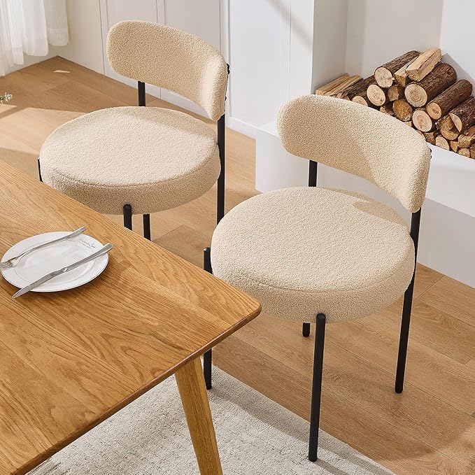 Boucle Dining Chairs, Kitchen Dining Room Chairs Curved Backrest Upholstered Mid Century Modern Dining Chairs (Beige, 2pcs)