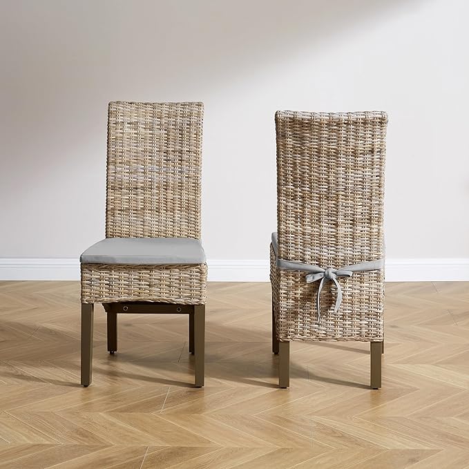 Crosley Furniture Edelyn Natural Rattan Dining Chairs Set of 2, Farmhouse Kitchen Accent Chair with Cushion, Kubu Rattan/Gray