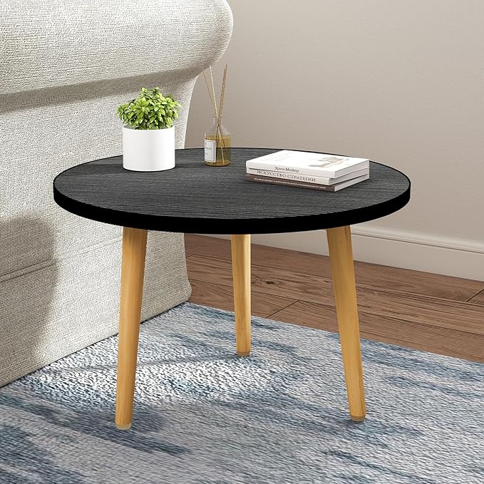 Round Coffee Table Low Table with 3 Solid Wood Sturdy Legs, Floor Table Desk for Sitting on The Floor, Storage and Living Room Furniture (Black)