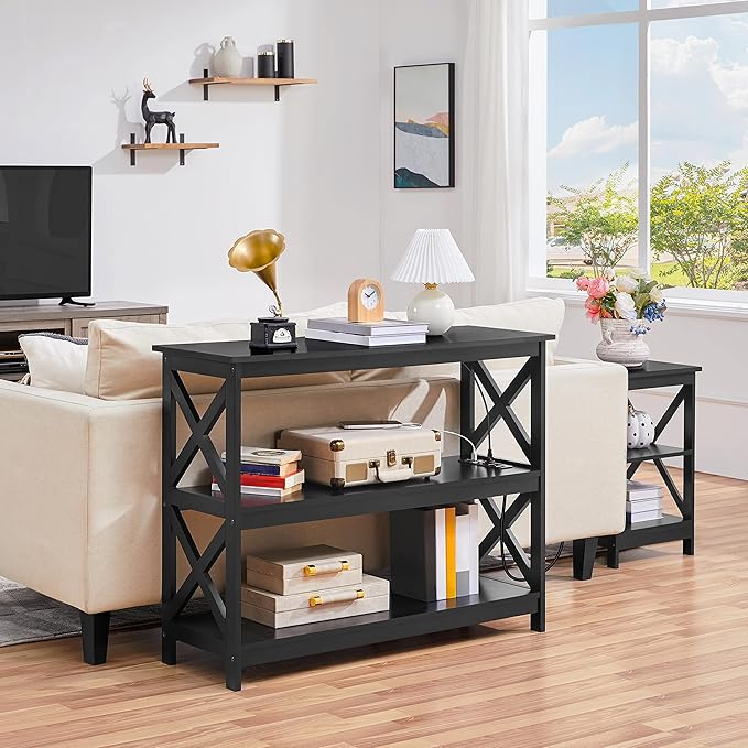 Yaheetech Entryway Table with Storage Shelves, Console Table with Power Outlets and USB Ports, Wood Narrow Sofa Tables with X-Shaped Design for Living Room/Hallway/Couch, Black