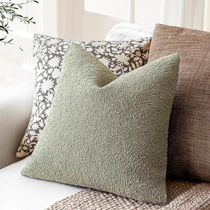 Foindtower Pack of 2 Textured Boucle Throw Pillow Covers Accent Solid Decorative Pillow Cases Cozy Woven Couch Cushion Case for Sofa Bedroom Living Room Home Decor 20x20 Inch Dirty Sage Green