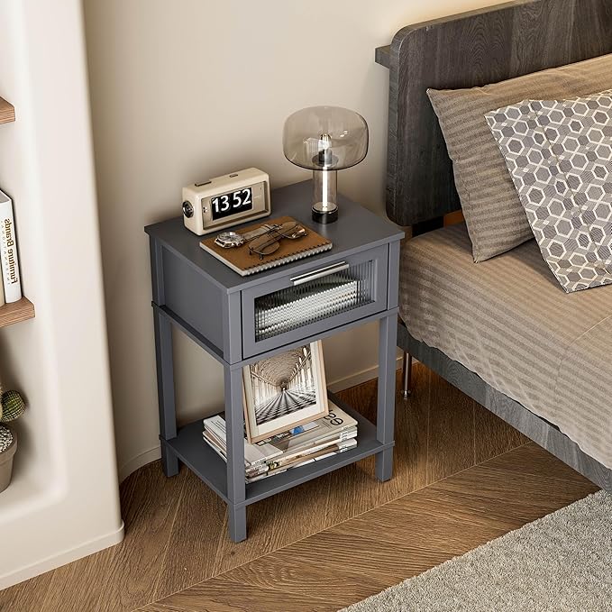 Nightstand Wooden Bedside Table with Drawer Grey Night Stands Modern Style Small End Table Side Table with Storage Shelf for Bedroom Living Room MLBZ10G