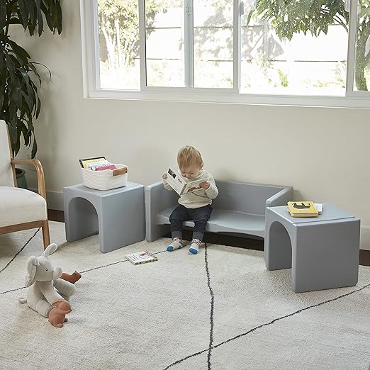 ECR4Kids Tri-Me Table and Cube Chair Set, Multipurpose Furniture, Light Grey, 3-Piece