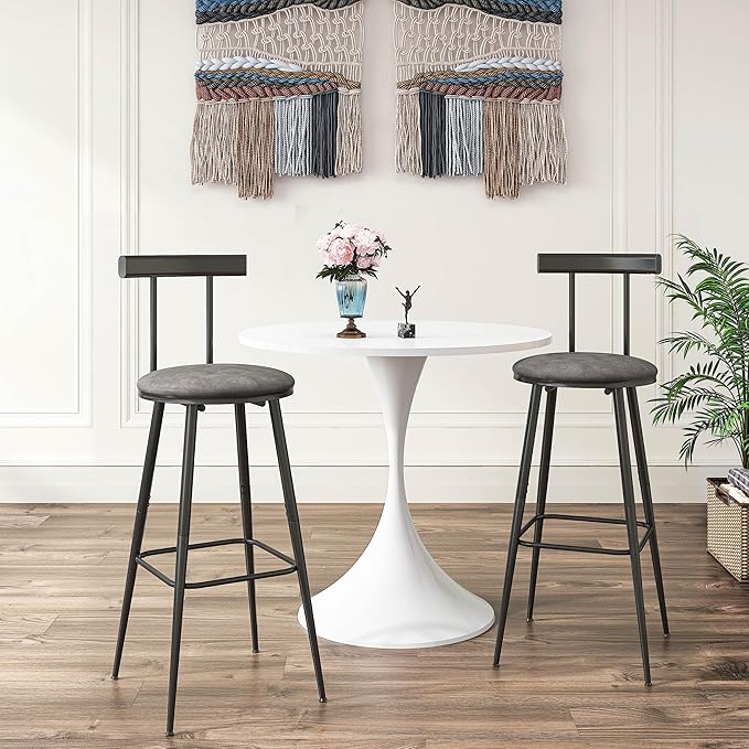 Bar Stools, Set of 2 High Kitchen Barstools, Bar Chairs with Backrest and Footrest, Industrial Counter Stools with PU Soft seat, for Kitchen, Living Room, Pub, Grey BS-013GR