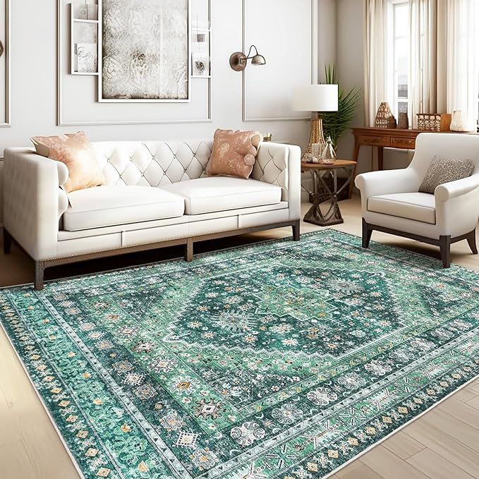 zesthome 6x9 Area Rug, Super Soft Washable Rugs for Living Room, Non-Slip Stain Resistant Vintage Rugs, Ultra-Thin Large Area Rugs(Green/Teal,6'x9')