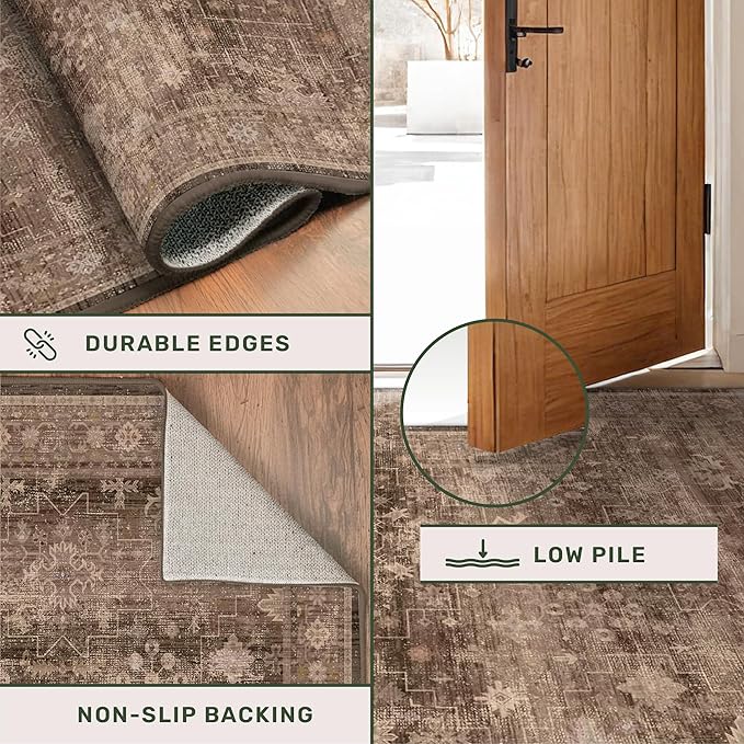 Brown Boho Washable 2x7 Runner Rugs for Hallway Kitchen Bedroom Beside Laundry Room Bathroom Rug, Pet & Kids Friendly, Non Slip Low Pile Stain Resistant Soft Faux Wool Long Dark Earthy Floor Carpet