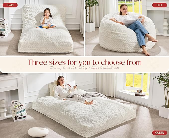 Hobestluk Bean Bag Chair Convertible Beanbag Chairs for Adults, 3 in 1 Bean Bags with Plush Chevron Cover, Adult Bean Bag Chair for Living Room, Bedroom (White, Queen)