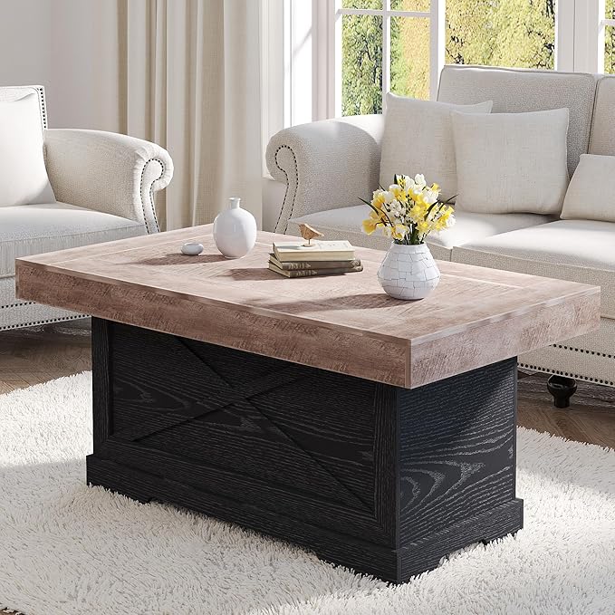 Coffee Table 39 in Rustic Center Table with X-Design Wooden Pedestal for Living Room, Space Saving, Easy Assembly Rectangle Home Office Tea Accent Table for Apartment, Dark Oak Black
