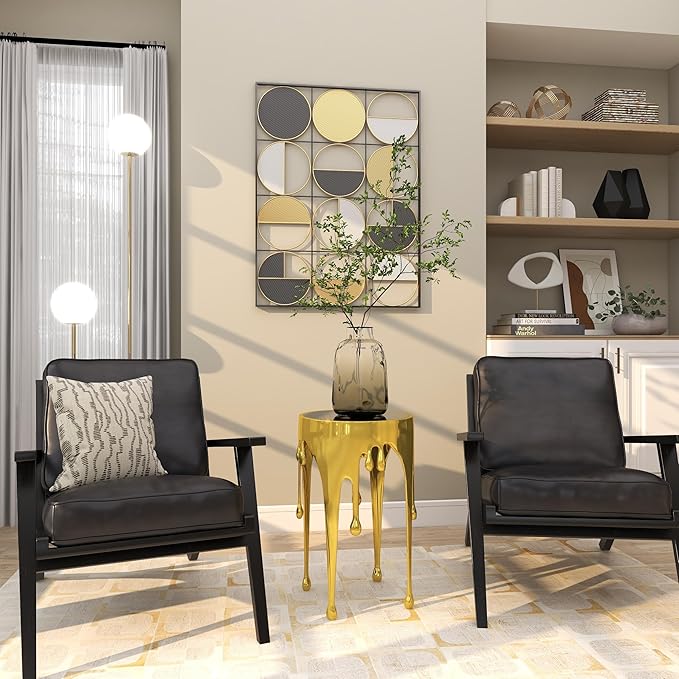 Deco 79 Aluminum Metal Abstract Melting Drip Accent Table with Melting Design and Shaded Glass Top, 16' x 16' x 25', Gold