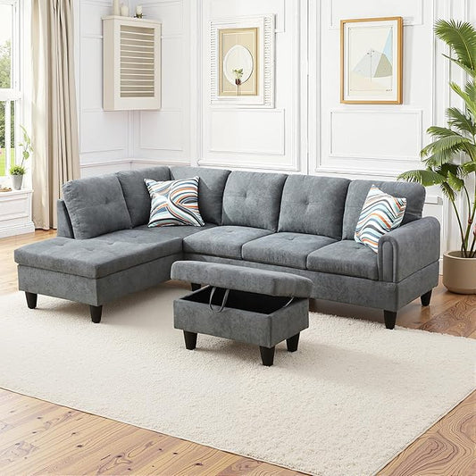 Osparple L Shaped Couch Sectional Couches for Living Room Upholstered Fluffy Fabric 3 Pieces Modular Sectional Sofa with Chaise, Ottoman with Storage for Living Room and Small Apartment, Dark Grey