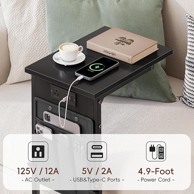Vagusicc C Shaped End Table with Charging Station, Adjustable Height Side Table for Sofa, Couch Side Table for Small Spaces, Slide Under Sofa TV Tray Snack Arm Tables for Living Room, Bedroom, Black