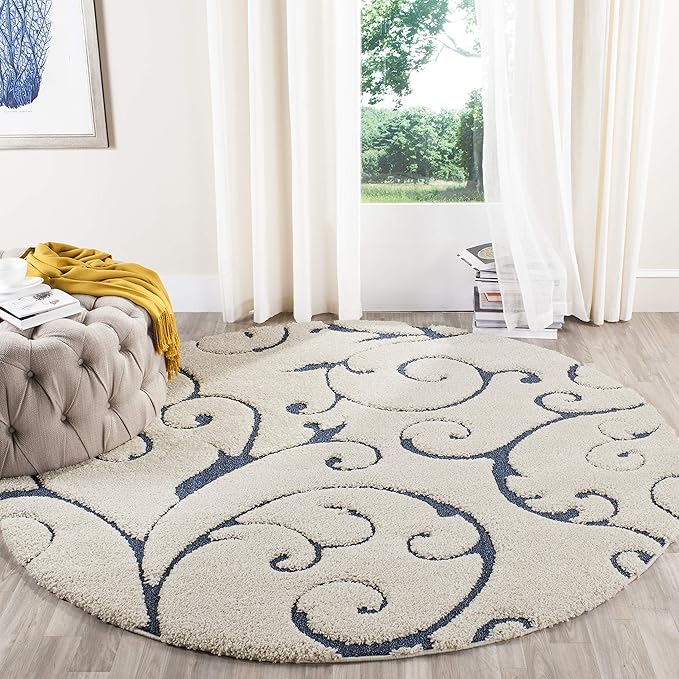 SAFAVIEH Florida Shag Collection 9' Round Cream/Blue SG455 Scrolling Vine Graceful Swirl Textured Non-Shedding Living Room Bedroom Dining Room Entryway Plush 1.2-inch Thick Area Rug