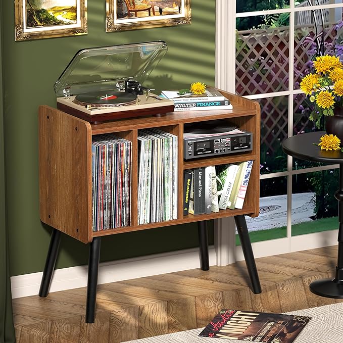Record Player Table, Mid-Century Record Player Stand with Vinyl Storage Hold Up to 150+ Albums, Vinyl Record Cabinet with Adjustable Shelves, Wood Turntable Stand for Music Living Room (Oak)