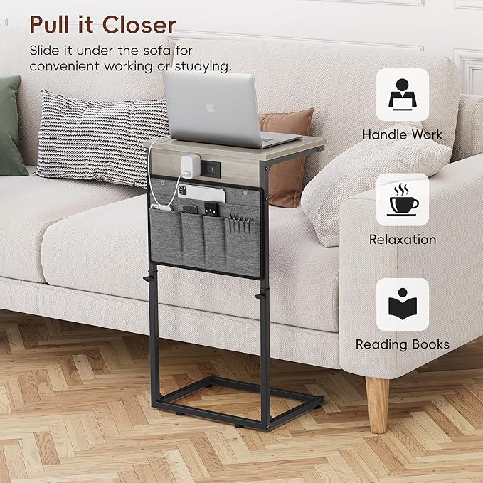 Vagusicc C-Shaped End Table Set of 2 with Charging Station, Small Side Table for Couch, Adjustable Height Couch Side Table, Slide Under Sofa Table TV Tray Tables for Living Room, Bedroom,Bedside, Gray