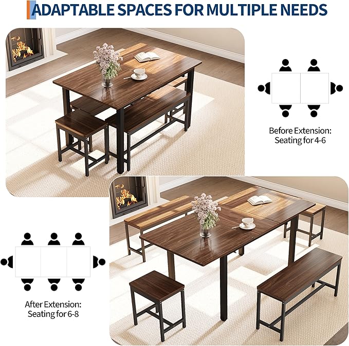 Garvee 5 PCs Extendable Dining Table Set for 4-8 People, 63 Inch Kitchen Table with 2 Benches & 2 Stools, Modern Dining Room Furniture Sets, Easy Assembly