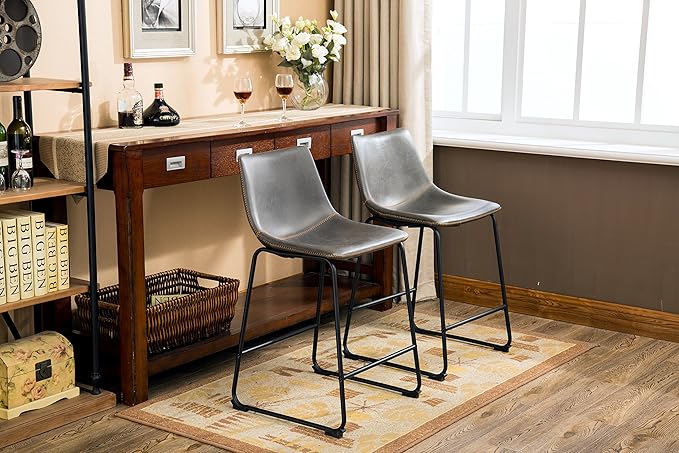 Roundhill Furniture Lotusville Vintage PU Leather Counter Height Stools, Antique Gray, Set of 2