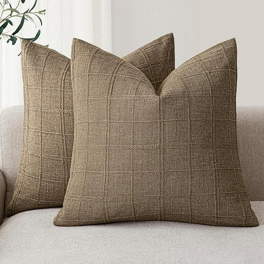 Foindtower Set of 2 Decorative Linen Check Throw Pillow Covers Neutral Farmhouse Vintage Cushion Covers Modern Boho Home Decor for Sofa Chair Couch Bedroom Living Room Outdoor,26×26 Inch,Light Brown