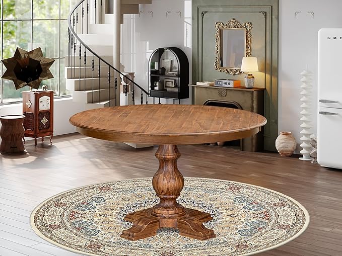 F55-0N-TP - Mid Century Modern Dining Table with Acacia Wood Round Tabletop, Antique Walnut Finish
