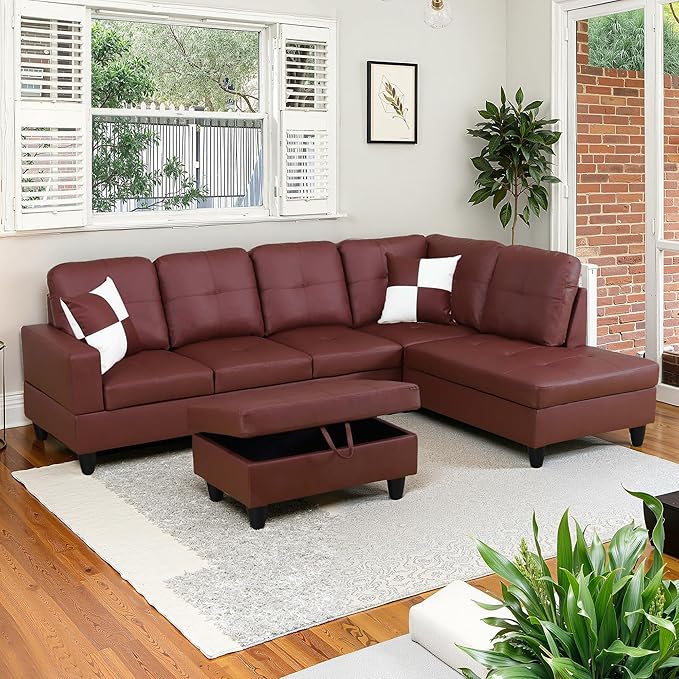 NicBex Sectional Couch 3 Pieces Sofa Set with Left Chaise Faux Leather L Shaped Cloud Couch for Living Room Furniture Sets with Storage Ottoman, Modular Sofa for Living Room & Apartment, Dark Red