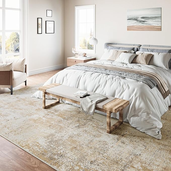 6x9 Washable Area Rug Gold Grey Neutral Abstract Living Room Bedroom Large Throw Rug Non Slip Soft Low Pile Indoor Floor Carpet for Dining Room Kitchen Office Entryway