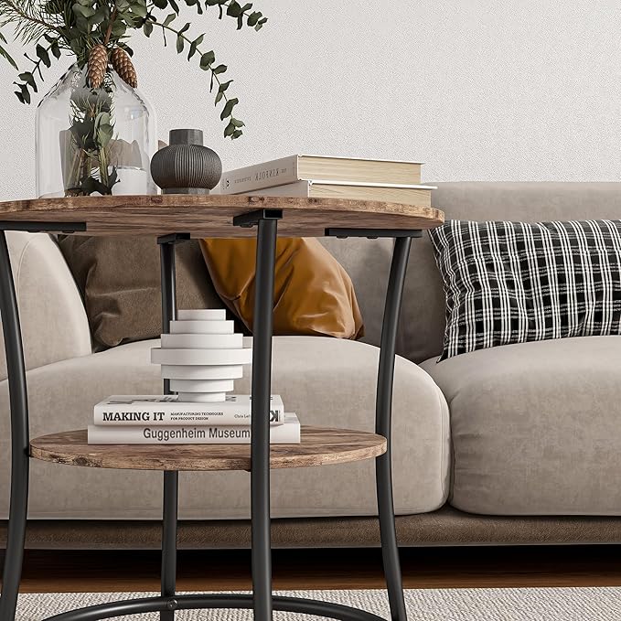 BOFENG Round Coffee Table Side Table,Round End Table with 2 Storage Shelves for Living Room, Bedroom,Small Space,Coffee Table Nightstand with Sturdy Metal Frame,Easy Assembly,Rustic Brown