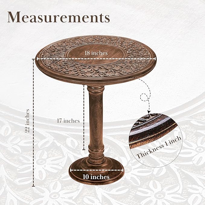 Wooden End Table for Living Room - 18x22 Burnt Finish Carved Side Table, Single Pillar Nightstand, Bedside Table for Books, Plants, Magazines, Small Space Accent Table