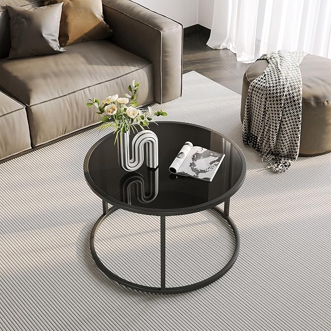 SAYGOER Black Glass Coffee Table Small Round Coffee Tables 27.6In Modern Tempered Glass-Top Accent Center Table for Living Room Home Office Small Space Easy Assembly