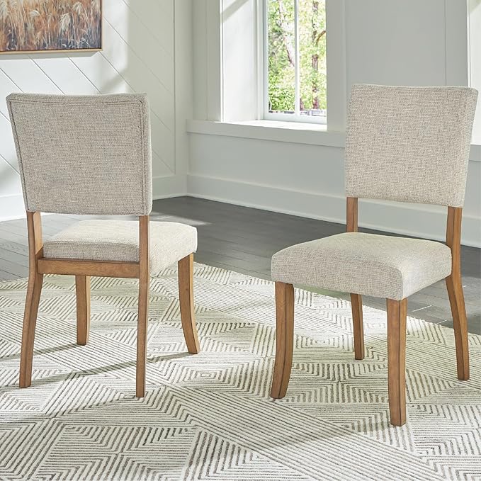 Signature Design by Ashley Rybergston Casual Stain Resistant Upholstered Solid Wood Dining Chair, Set of 2, Beige & Light Brown