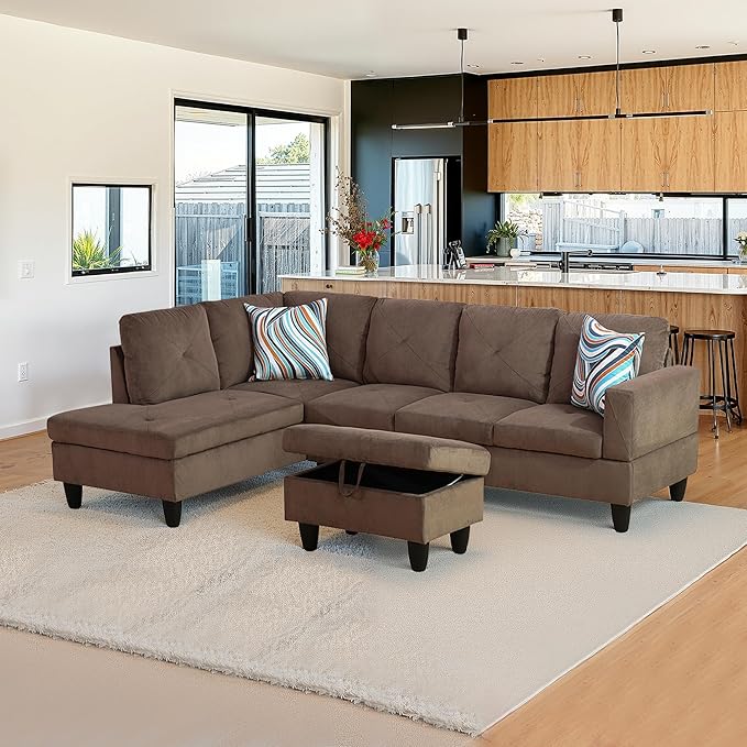 NicBex Sectional Couch 3 Pieces Sofa Set with Right Chaise Corduroy L Shaped Cloud Couch for Living Room Furniture Sets with Storage Ottoman, Modular Sofa for Living Room & Apartment, Brown