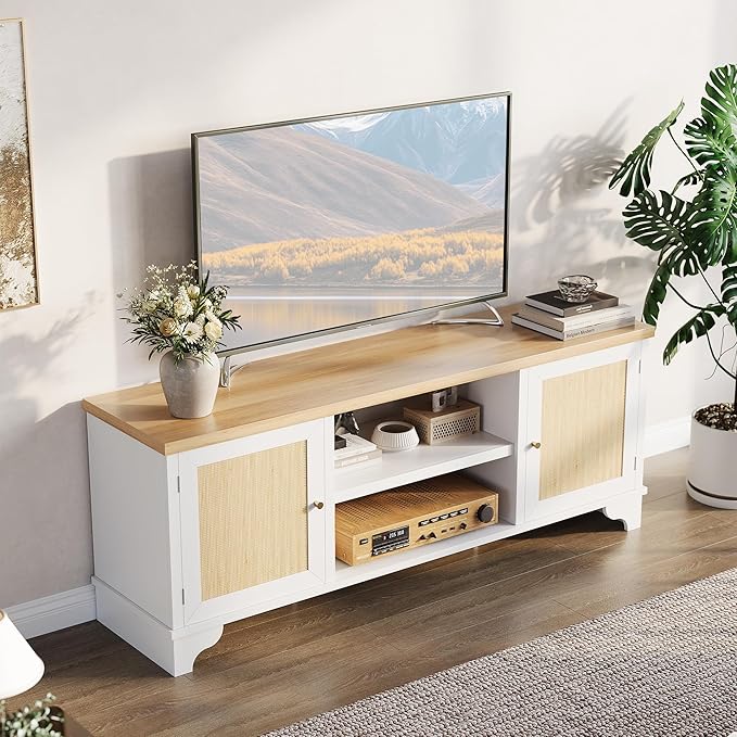 GarveeHome Rattan TV Stand for 70 Inch TV, Boho Entertainment Center with Cabinets & Open Shelves, Wooden Media Console Table for Living Room, White