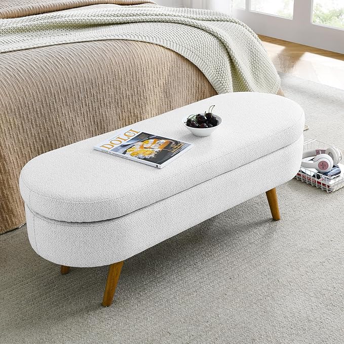 Oval Storage Bench 43.5" Linen Fabric Upholstered Entryway Bench with Solid Wood Legs Ottoman Bench Indoor Bench for Living Room/Bedroom/End of Bed/Entryway (White)