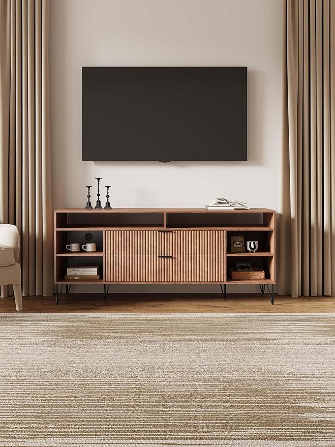Manhattan Comfort Dumbo Mid Century Modern TV Stand for Televisions up to 60 Inches, Home Entertainment Center with Storage, 6 Shelves, 2 Drawers, No Tool Assembly, 63" Wide, Golden Brown