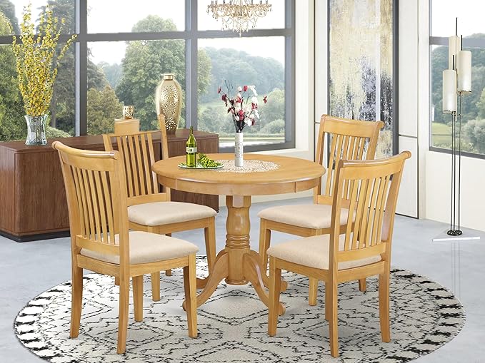 East West Furniture ANPO5-OAK-C 5 Piece Modern Dining Table Set Includes a Round Kitchen Table with Pedestal and 4 Linen Fabric Dining Room Chairs, 36x36 Inch, Oak