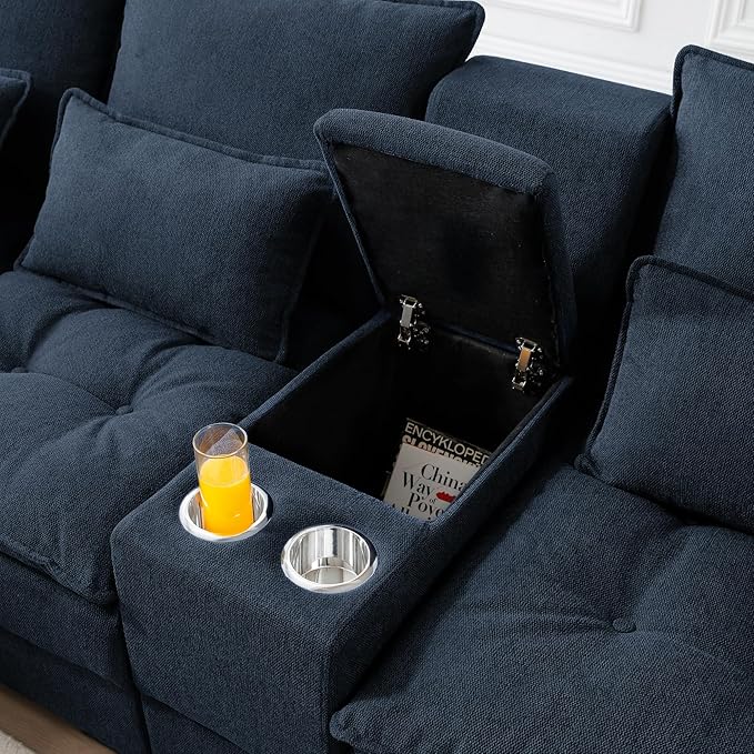 KEIKI 130" U-Shaped 6 seat Sofa with Storage Console, Cup Holders, Upholstered Sectional Sofa, Button Tufted Cloud Cushion Couch for Home, Office, Apartment, Blue